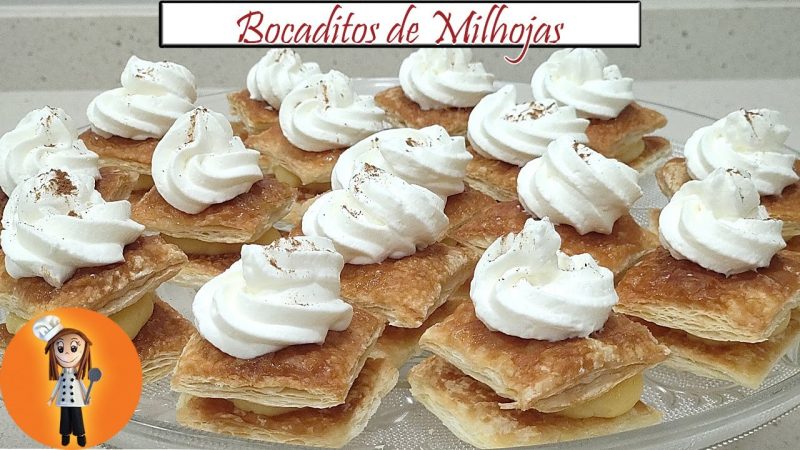 Bocaditos de milhojas de hojaldre con crema y nata